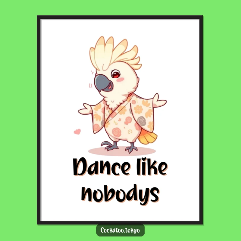 Funny Dancing Cockatoo Poster: Patterned Kimono Art, Joyful Bird Decor, Perfect Funny Gift
