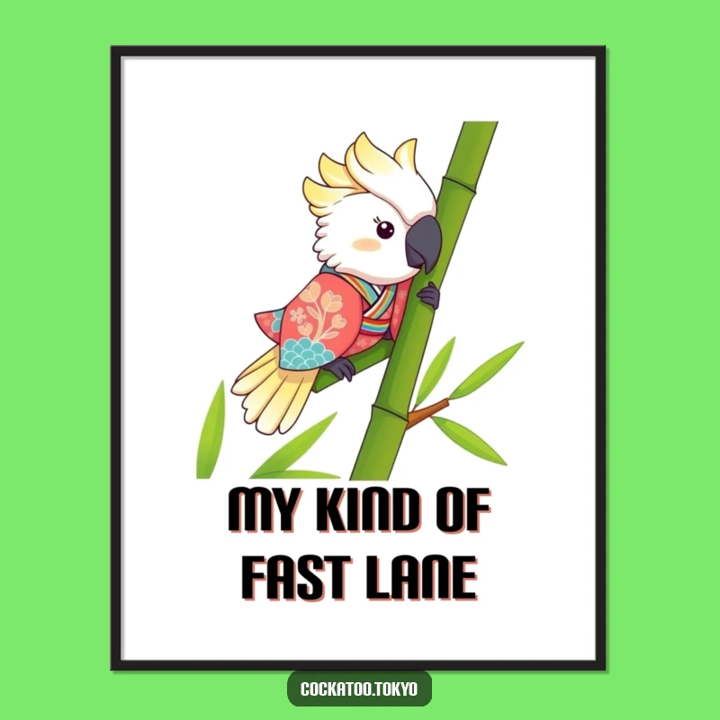 Funny Kawaii Cockatoo Bamboo Slide Poster: Vibrant & Hilarious Wall Art