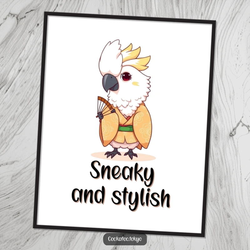 Funny Kawaii Cockatoo Poster: Bird in patterned kimono playfully peeks from behind a fan, creating intriguing wall art.