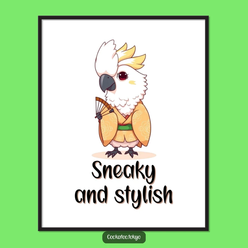 Funny Kawaii Cockatoo Fan Peek Poster: Playful Patterned Wall Art