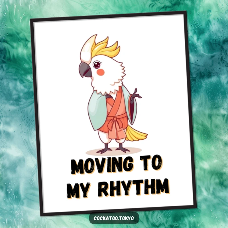 Funny Kawaii Cockatoo Poster: Bird in traditional kimono dances gently, creating elegant and humorous wall art.