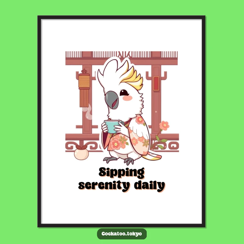 Funny Kawaii Cockatoo Floral Kimono Poster: Joyful Tea Time Art
