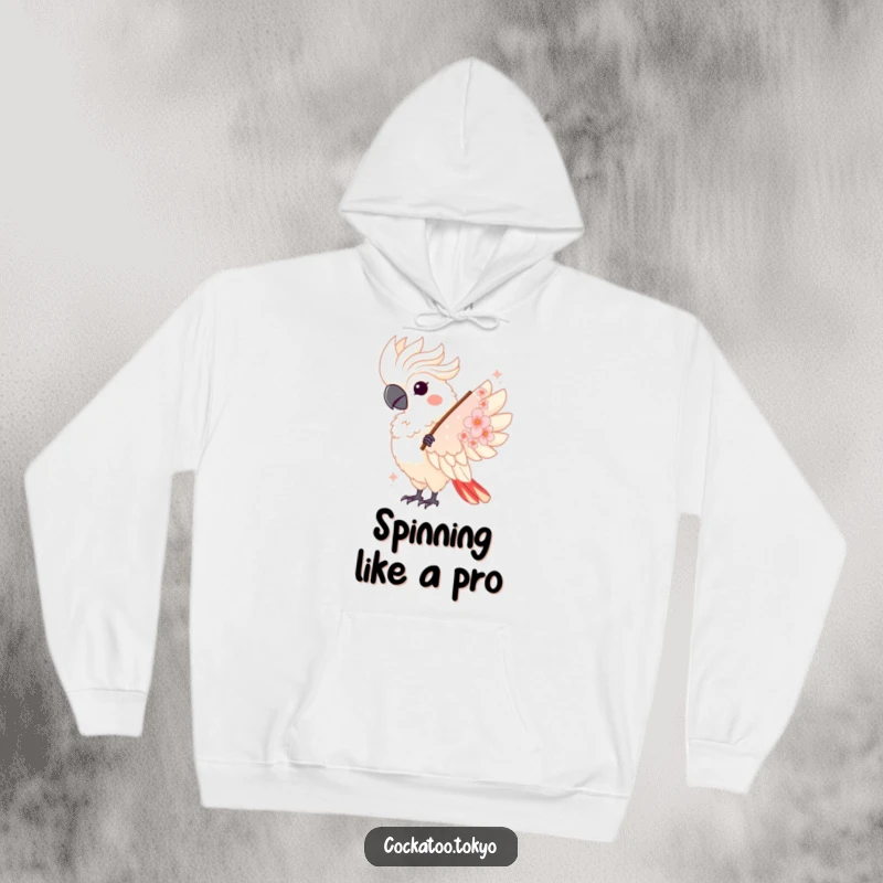 Funny Kawaii Cockatoo Hoodie: Bird twirls with a cherry blossom fan, blending cozy comfort with elegant humor.