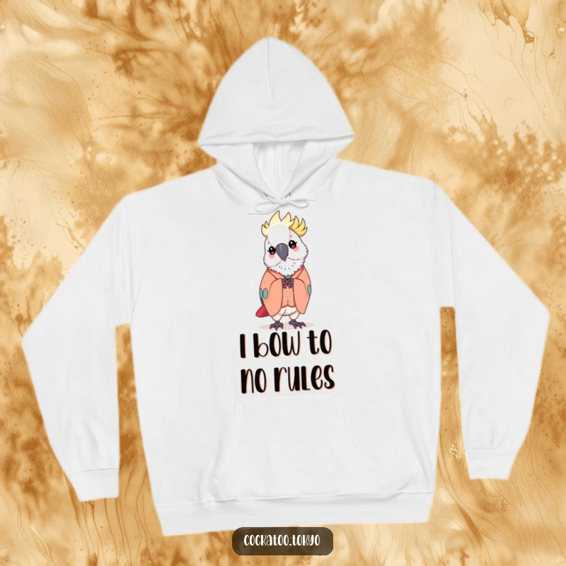 Funny Hoodie featuring a kawaii cockatoo in an elegant kimono, executing a formal and graceful bow, a humorous and warm apparel choice.