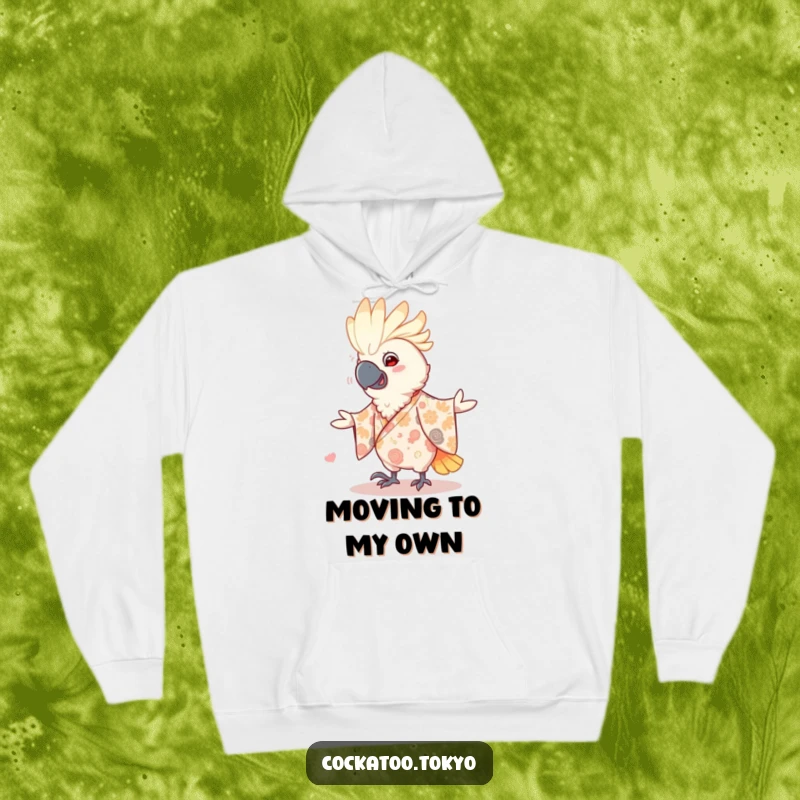 Funny Hoodie featuring a smiling cockatoo in a patterned kimono, enthusiastically dancing, offering snuggly warmth and humorous style.