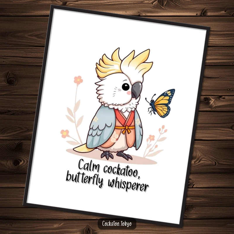 Funny Free Printable Wall Art: Adorable cockatoo in a serene kimono, peacefully observing a butterfly in nature.