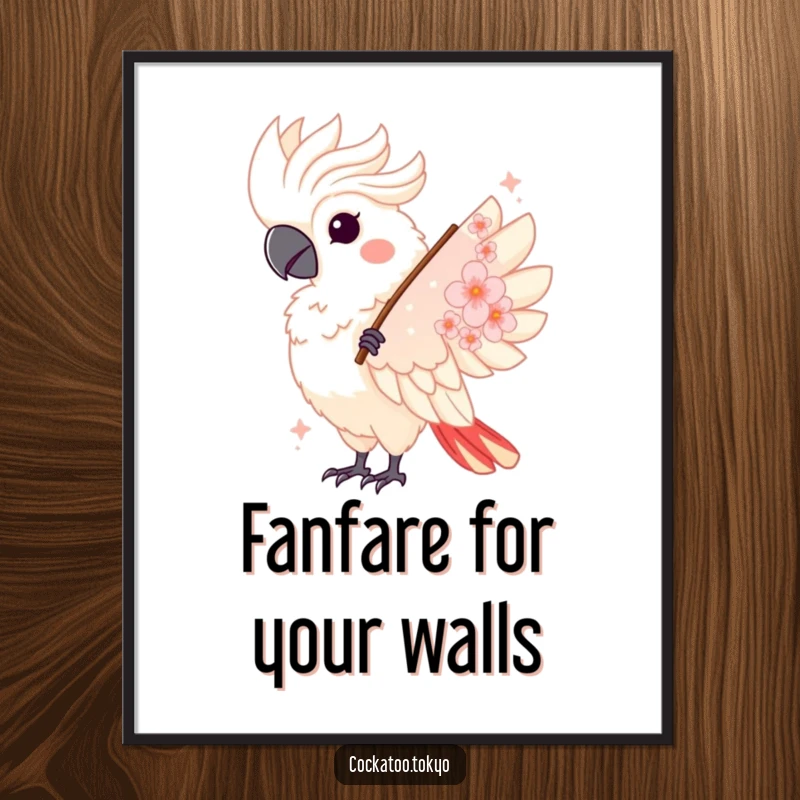Funny Free Printable Wall Art: A kawaii cockatoo twirls gracefully holding a delicate cherry blossom fan.