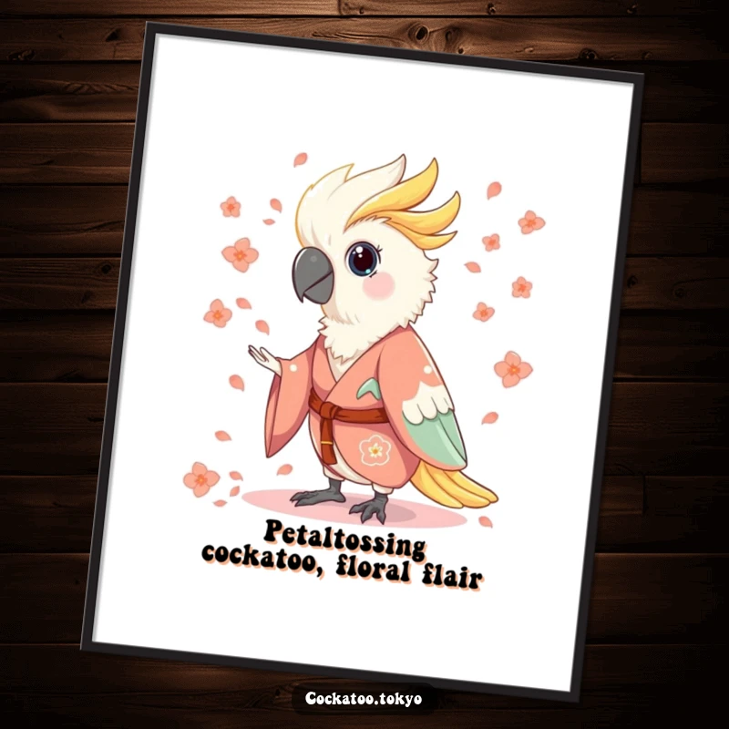 Funny Free Printable Wall Art: Charming cockatoo in a flowing kimono, scattering colorful flower petals.