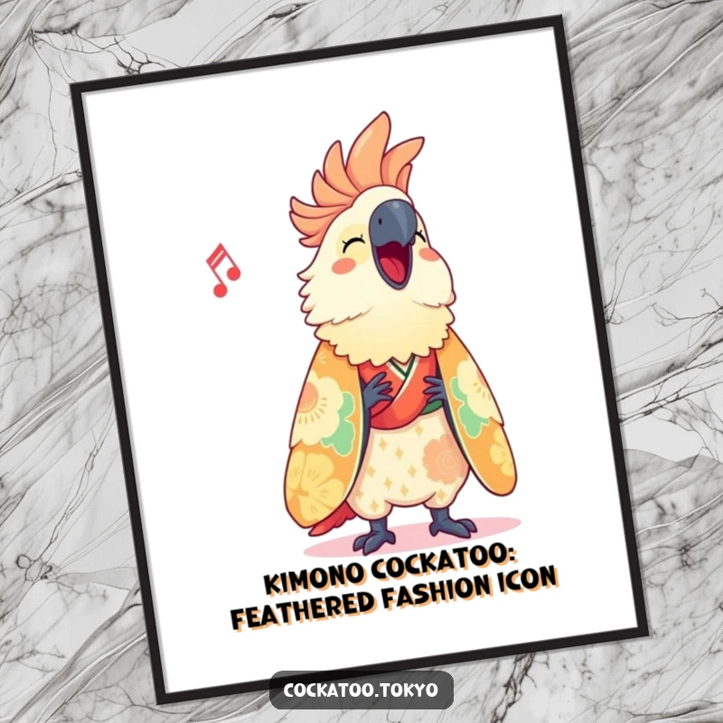 Funny Free Printable Wall Art: Cute cockatoo in a vibrant kimono, happily singing with musical notes floating around.