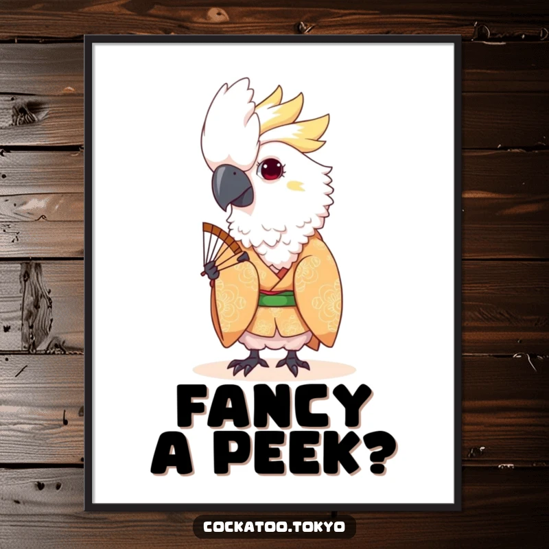 Funny Free Printable Wall Art: A kawaii cockatoo in a patterned kimono playfully peeks from behind a decorative fan.