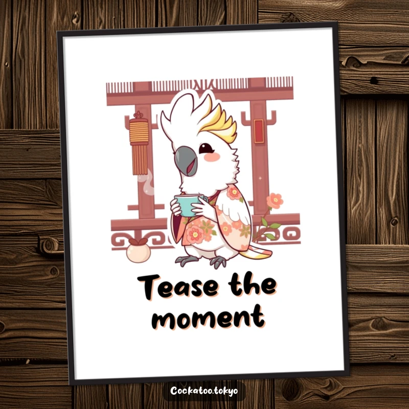 Funny Free Printable Wall Art: A kawaii cockatoo in a floral kimono joyfully sips tea in a serene moment.