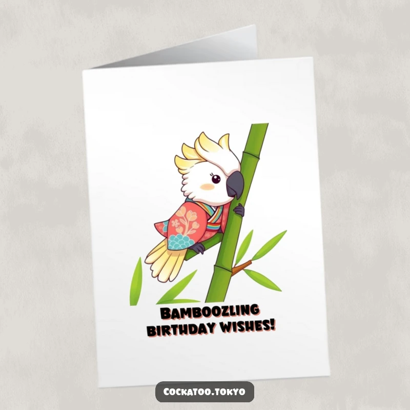 Funny Free Printable Birthday Card: A kawaii cockatoo in a vibrant kimono slides down a bamboo stalk with glee.