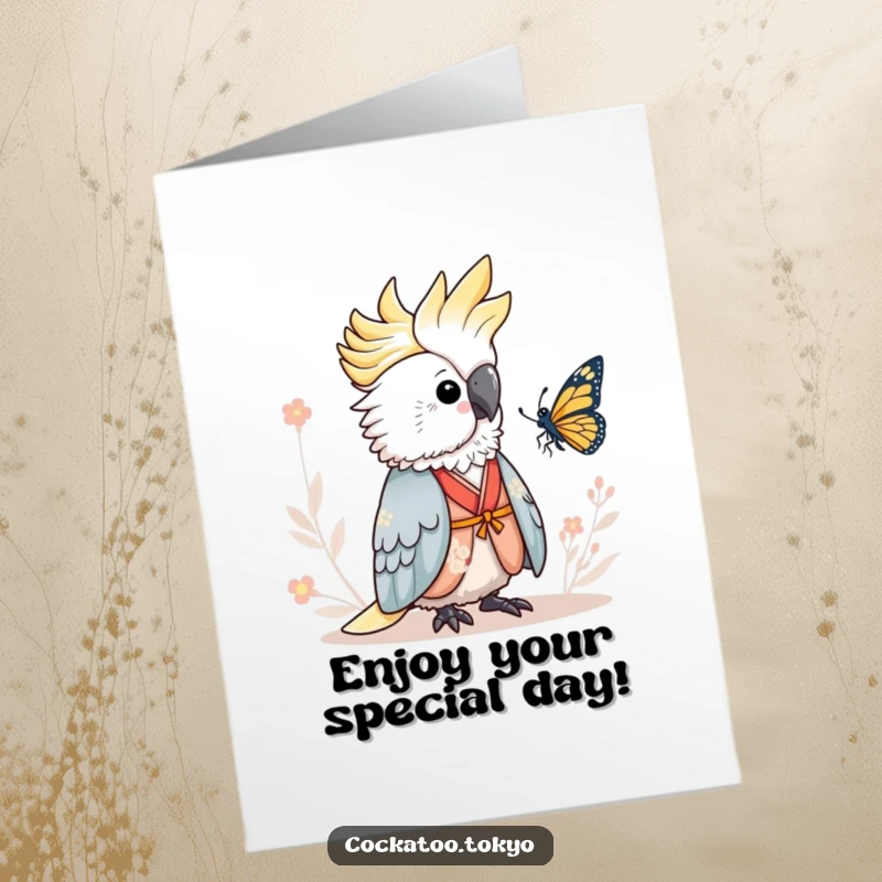 Funny Free Printable Birthday Card: Adorable cockatoo in a serene kimono, calmly observing a butterfly.