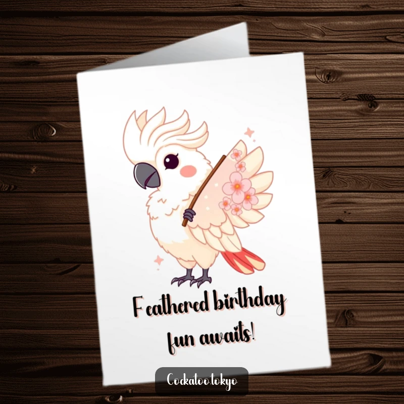 Funny Free Printable Birthday Card: A kawaii cockatoo twirls gracefully with a cherry blossom fan held high.