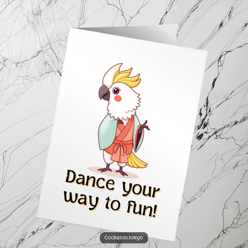 Funny Free Printable Birthday Card: A kawaii cockatoo in a traditional kimono performs a gentle, graceful dance.