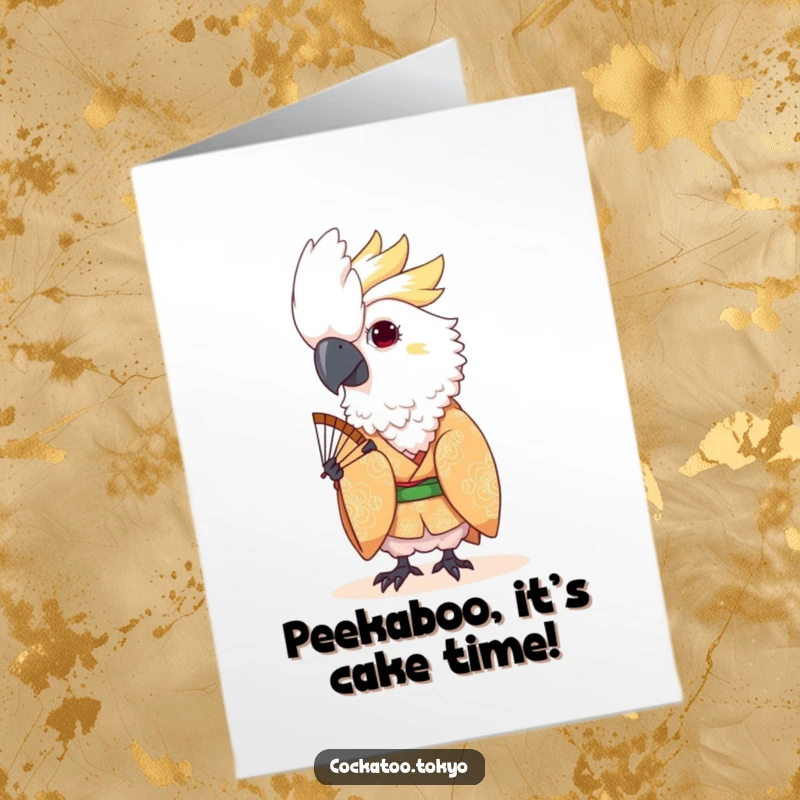 Funny Free Printable Birthday Card: A kawaii cockatoo in a patterned kimono playfully peeks from behind a large fan.