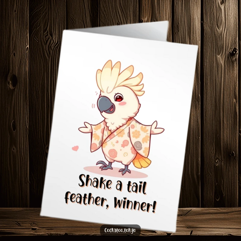 Funny Free Printable Congrats Card: Smiling cockatoo in a patterned kimono, energetically doing a fun dance move.