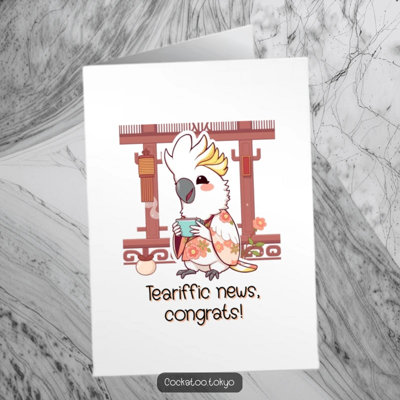 Funny Free Printable Congrats Card: A kawaii cockatoo in a floral kimono sips tea joyfully, celebrating good news.