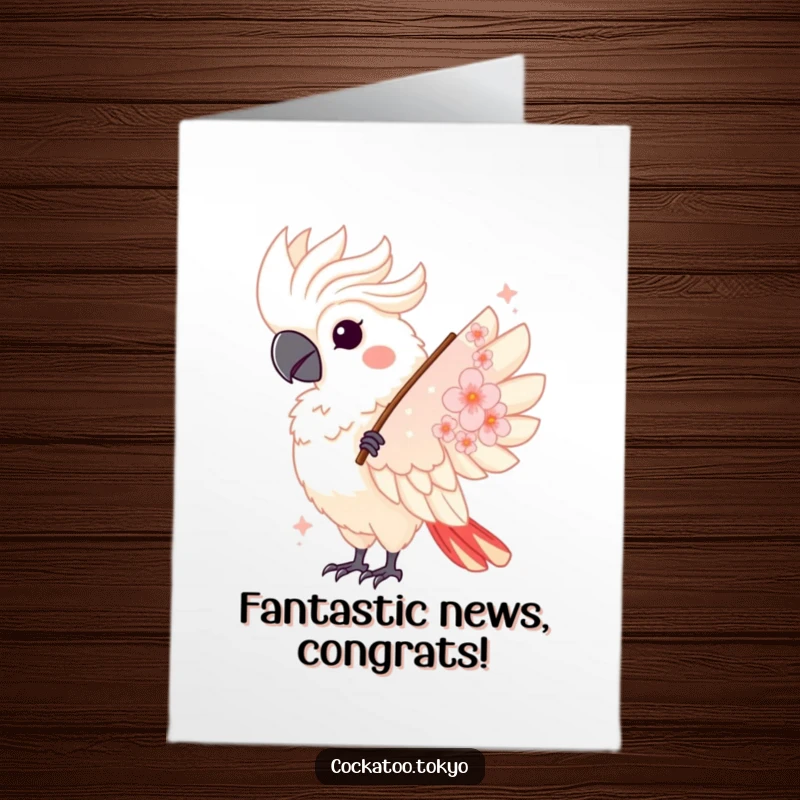 Funny Free Printable Congrats Card: A kawaii cockatoo twirls gracefully with a cherry blossom fan, celebrating success.