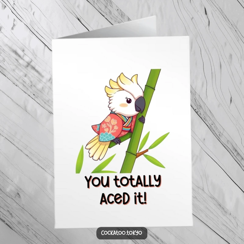 Funny Free Printable Congrats Card: A kawaii cockatoo in a vibrant kimono slides down a bamboo stalk in celebration.