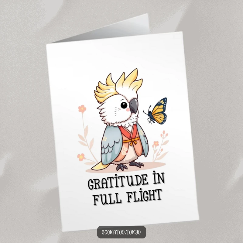 Funny Free Printable Thank You Card: Adorable cockatoo in a serene kimono, calmly watching a butterfly.