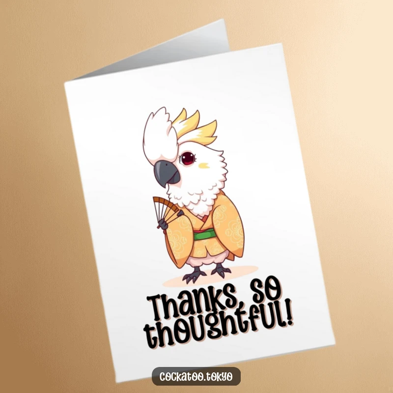 Funny Free Printable Thank You Card: A kawaii cockatoo in a patterned kimono playfully peeks from behind a fan.