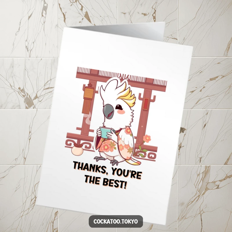 Funny Free Printable Thank You Card: A kawaii cockatoo in a floral kimono sips tea with a happy expression.
