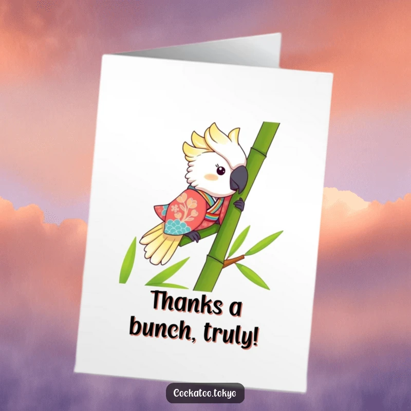 Funny Free Printable Thank You Card: A kawaii cockatoo in a vibrant kimono slides down a bamboo stalk saying thanks.
