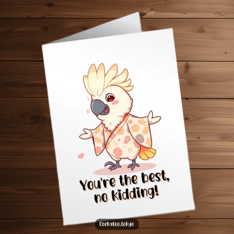 Funny Free Printable Thank You Card: Smiling cockatoo in a patterned kimono, doing a happy little dance.