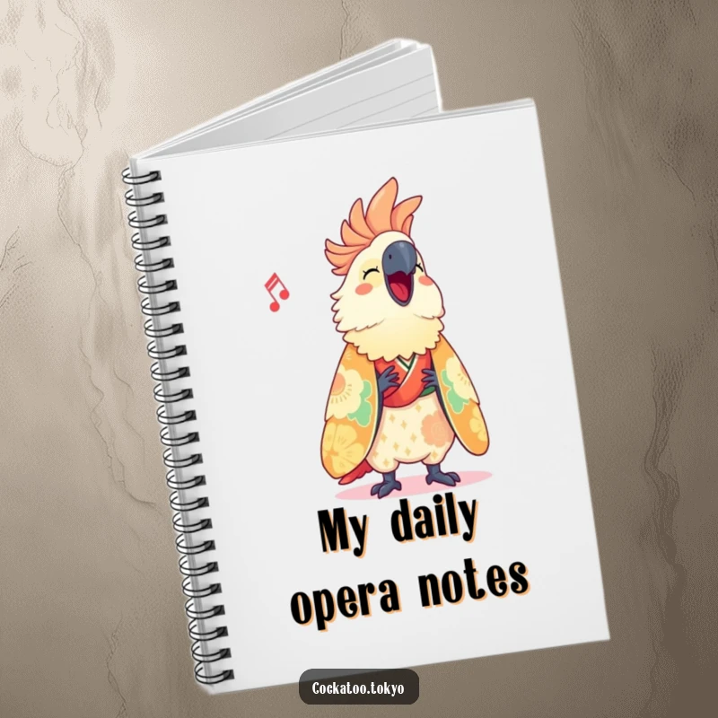 Funny Notebook with a cute cockatoo in a vibrant kimono, happily singing its tune, perfect for jotting down funny notes and ideas.
