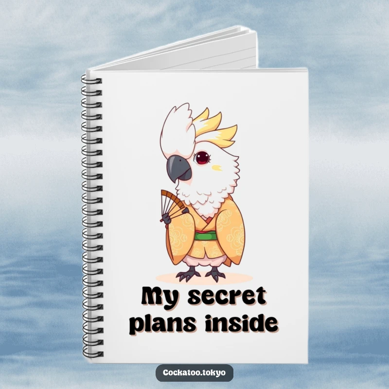 Funny Kawaii Cockatoo Notebook: Bird in patterned kimono peeks from a fan, perfect for jotting down playful ideas.