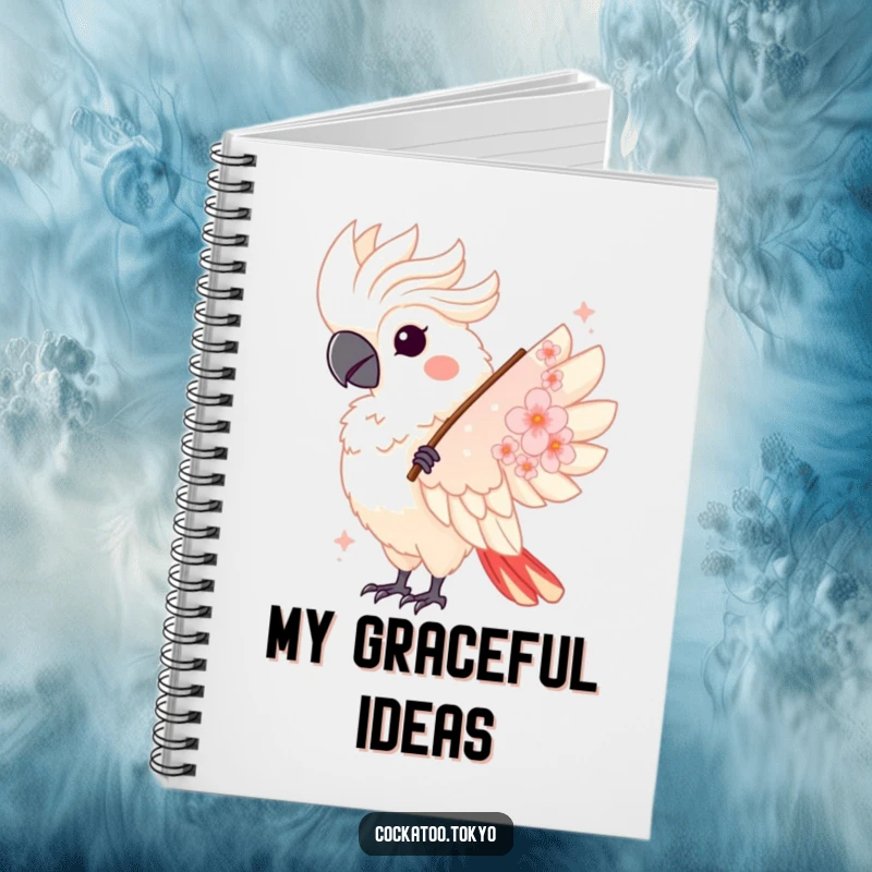 Funny Kawaii Cockatoo Notebook: Bird twirls with a fan, perfect for jotting down elegant thoughts with humor.