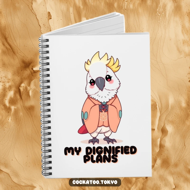 Funny Notebook featuring a kawaii cockatoo in an elegant kimono, performing a polite bow, perfect for jotting down refined thoughts and witty ideas.