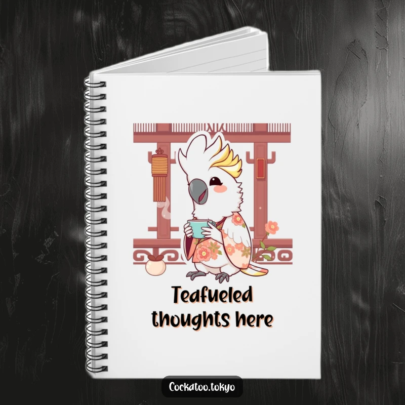 Funny Kawaii Cockatoo Notebook: Bird in floral kimono sips tea, perfect for jotting down joyful thoughts.