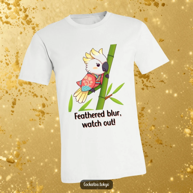 Funny Kawaii Cockatoo T-Shirt: Vibrant bird in a kimono slides down bamboo, exuding playful energy and humor.