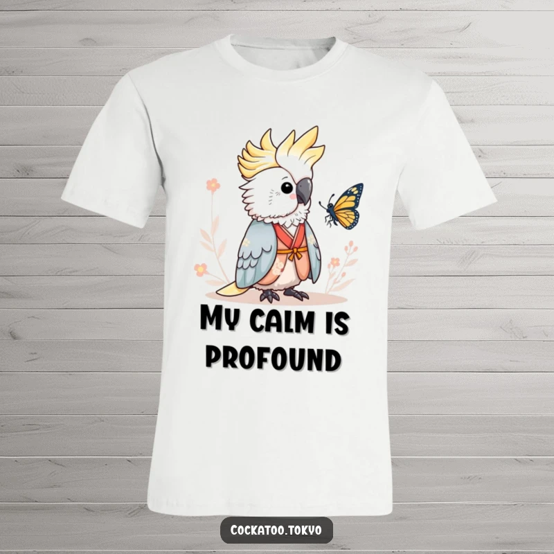 Funny T-Shirt depicting an adorable cockatoo in a serene kimono, watching a butterfly with gentle curiosity, a humorous and peaceful design.
