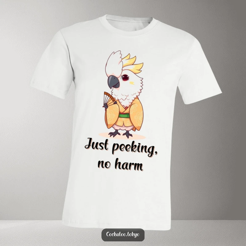 Funny Kawaii Cockatoo T-Shirt: Bird in patterned kimono playfully peeks, a design full of charm and humor.