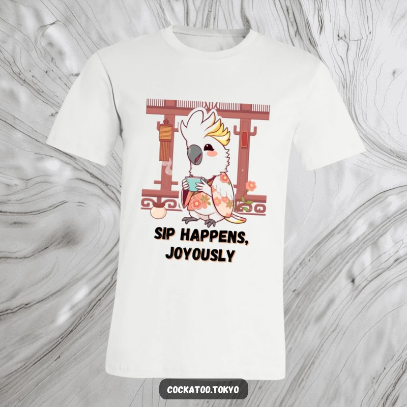 Funny Kawaii Cockatoo T-Shirt: Bird in floral kimono sips tea, radiating joy and whimsical humor.