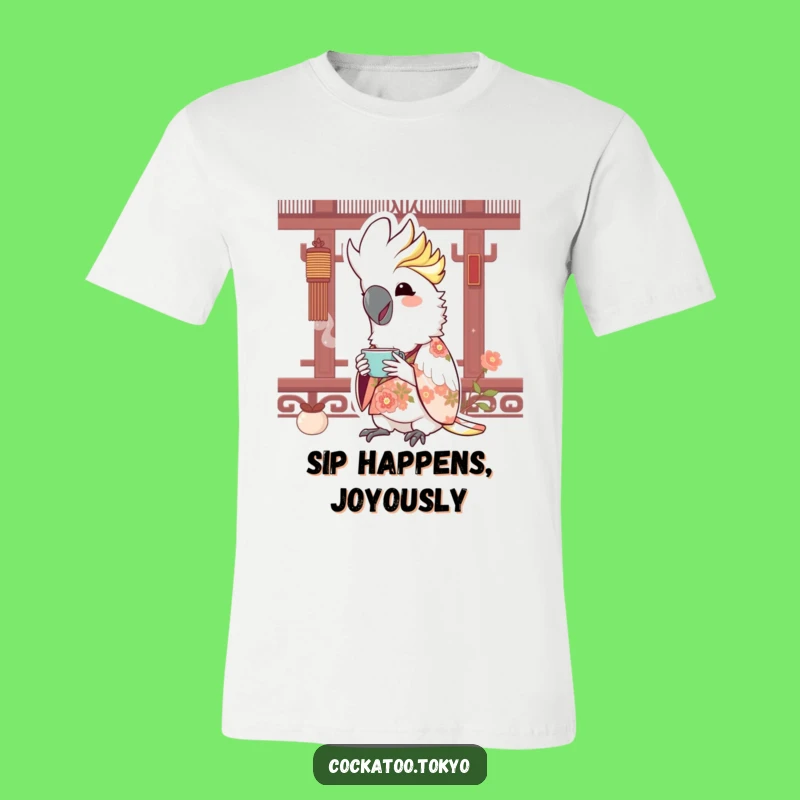 Funny Kawaii Cockatoo Floral Kimono Tee: Joyful Sipping Humor Apparel