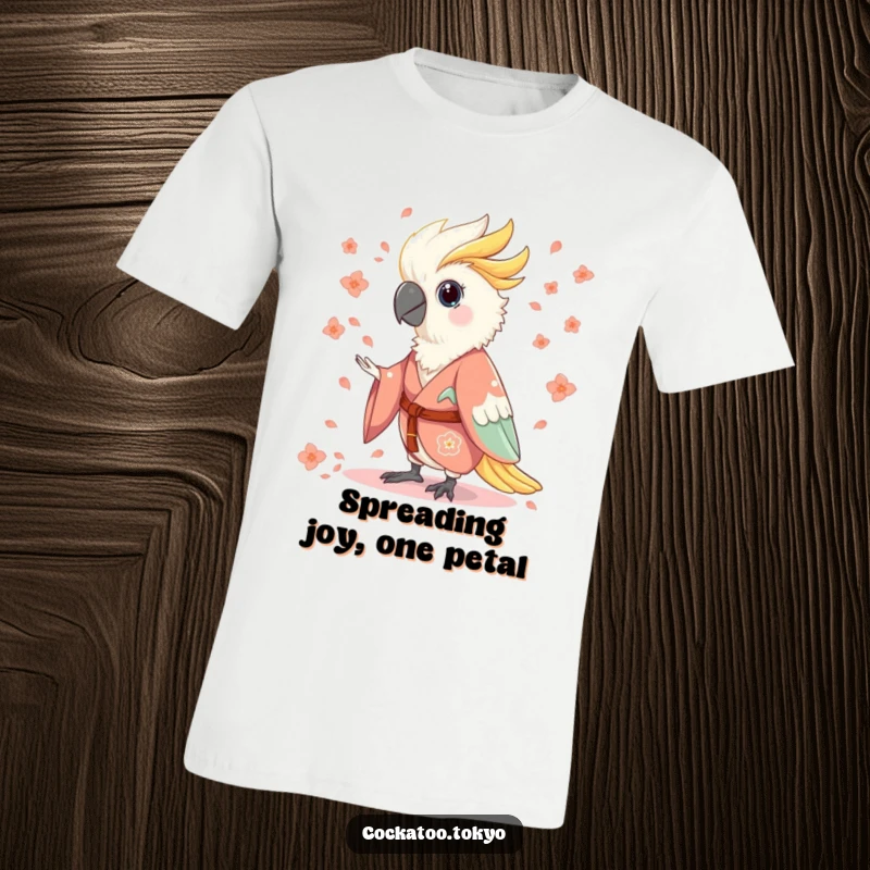 Funny T-Shirt depicting a charming cockatoo in a flowing kimono, playfully throwing flower petals with an elegant and humorous flourish.