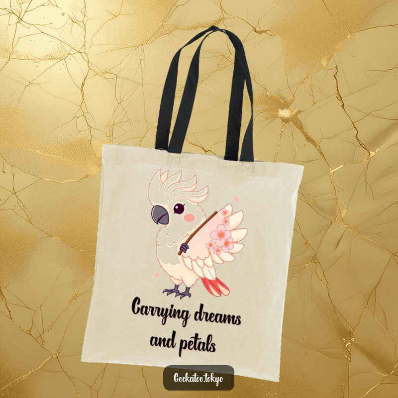 Funny Kawaii Cockatoo Tote Bag: Bird twirls with a fan, a chic and humorous carry-all for daily use.