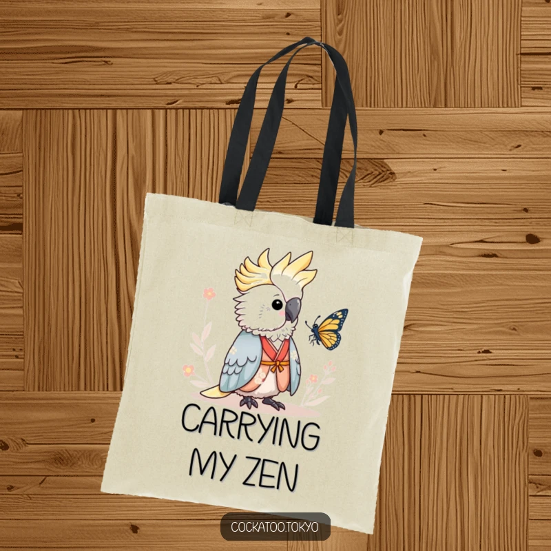 Funny Tote Bag showcasing an adorable cockatoo in a serene kimono, observing a butterfly, perfect for carrying items with peaceful, humorous flair.