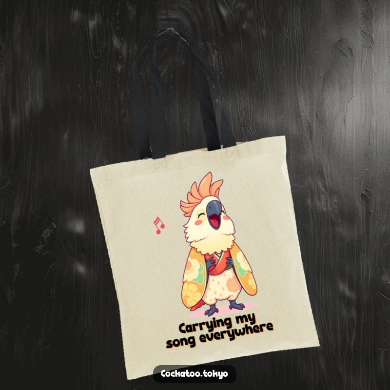 Funny Tote Bag with a cute cockatoo in a vibrant kimono, happily singing, ready to carry your items with flair and humor.