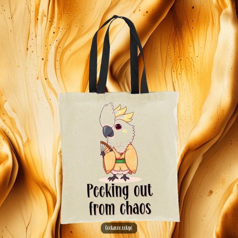 Funny Kawaii Cockatoo Tote Bag: Bird in patterned kimono peeks from a fan, a playful and stylish carry-all.